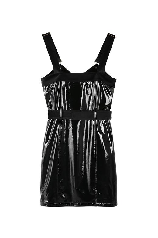 亮面PU复合拼丝绒收腰背带裙 商品图1