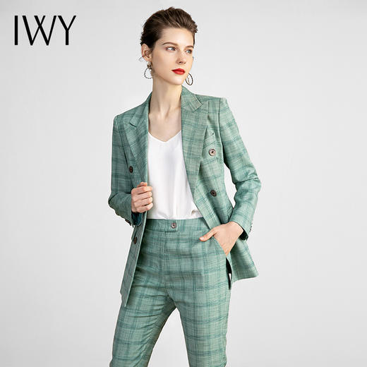IWY/绿色格纹高端职业西装套装女时尚修身通勤工作服播音主持正装 213122C1+P1 商品图1