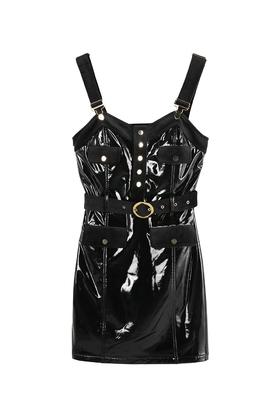 亮面PU复合拼丝绒收腰背带裙