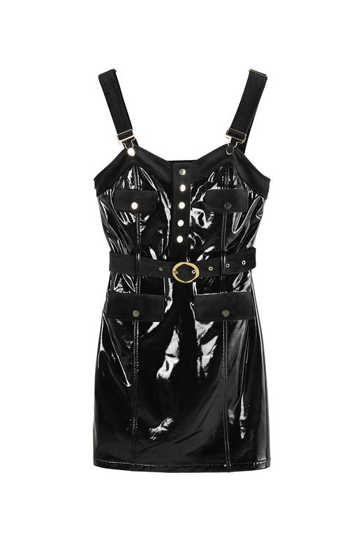 亮面PU复合拼丝绒收腰背带裙 商品图0