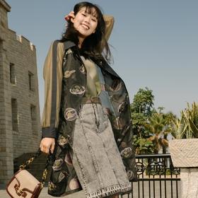 谜底风衣2021秋季新款高端扩皱星球印花中长款薄外套女213GE1794