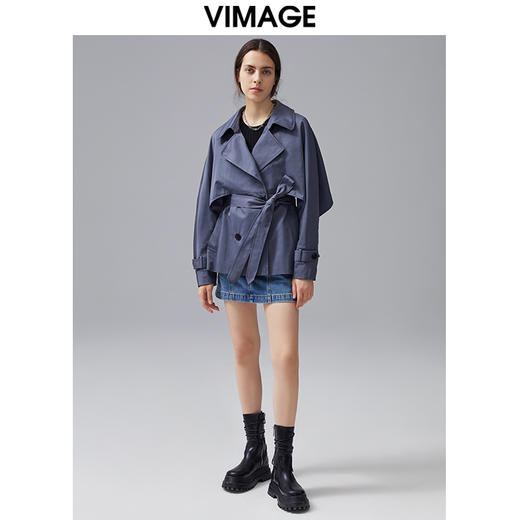 VIMAGE纬漫纪秋冬新款品牌女装经典翻领收腰显瘦风衣短外套VC2104206 商品图1