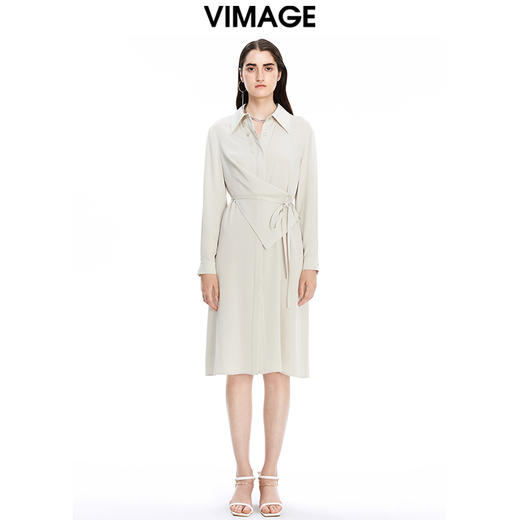 VIMAGE纬漫纪秋季新款系带束腰优雅纯色显瘦连衣裙V1607210 商品图0