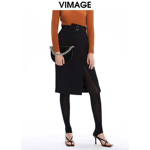 VIMAGE纬漫纪秋冬新款优雅时尚高腰开叉百搭半身裙包臀裙女V1606220 商品图4