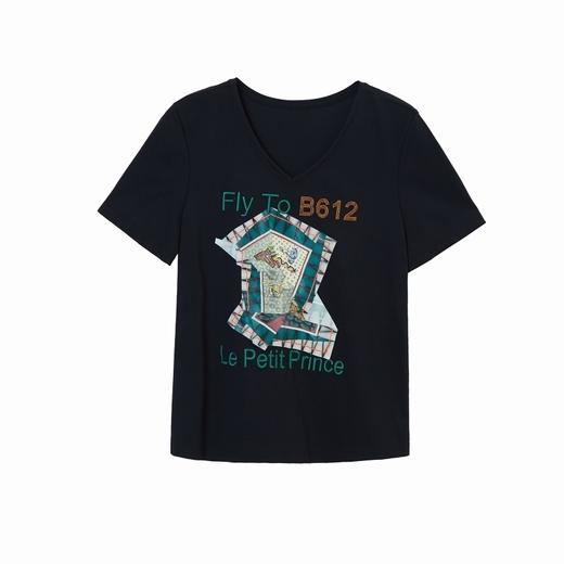 谜底T恤2021夏季字母印花钉珠V领合体棉质短袖上衣女213MT1733 商品图4