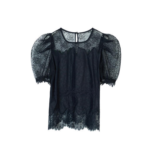 MIIDII/谜底21夏新品字母绣花复古方领泡泡袖蕾丝上衣女212MS0765 商品图4