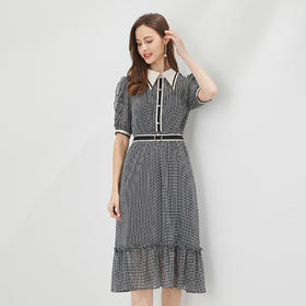 QF83D斯尔丽瑟俪2021年夏季新品撞色领收腰大摆五分袖连衣裙