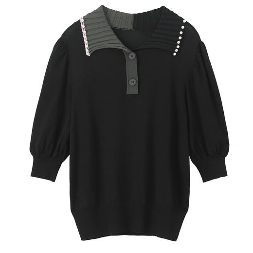 谜底针织套头衫2021夏季新款复古泡泡袖领边撞色上衣女213MZ2046 商品图4