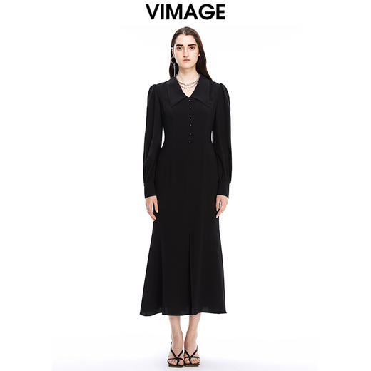VIMAGE纬漫纪秋季新款显瘦优雅立领纯色高腰显瘦连衣裙女V1607249连衣裙 商品图2