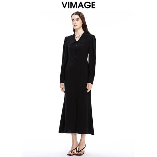 VIMAGE纬漫纪秋季新款显瘦优雅立领纯色高腰显瘦连衣裙女V1607249连衣裙 商品图3