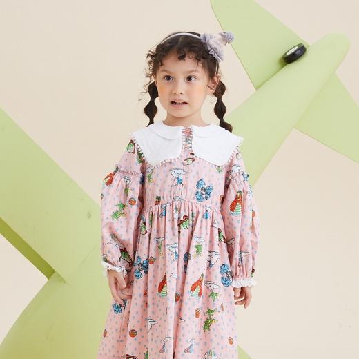 谜底童装21秋新款A型中长款连衣裙纯棉复古灯笼袖连衣裙213KL2279 商品图0