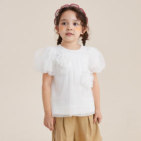 谜底童装21夏新款H型中款T恤针织纯棉亲肤打底花苞袖212KT1352