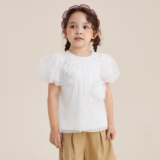 谜底童装21夏新款H型中款T恤针织纯棉亲肤打底花苞袖212KT1352 商品图0