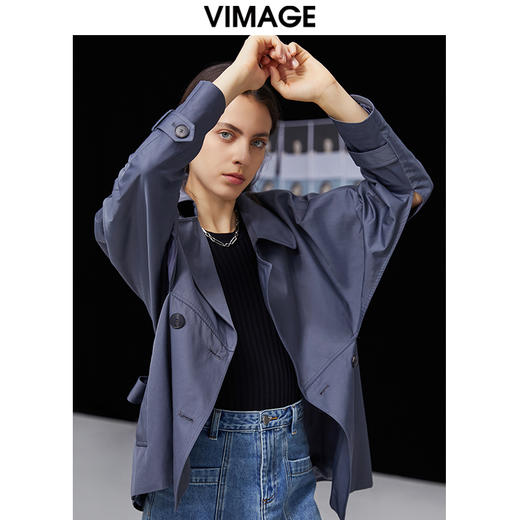 VIMAGE纬漫纪秋冬新款品牌女装经典翻领收腰显瘦风衣短外套VC2104206 商品图2