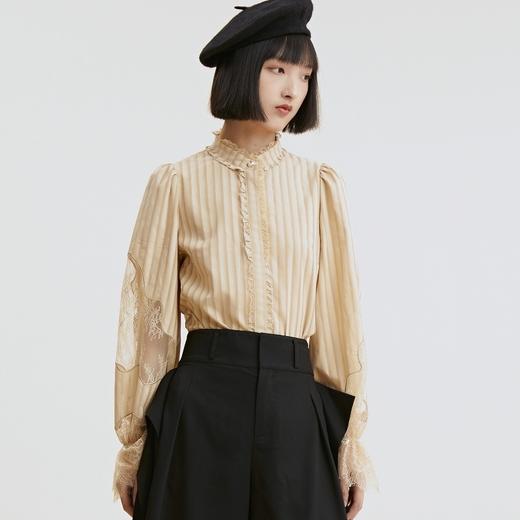 谜底长袖衬衫2021秋季新款纯棉拼接蕾丝合体上衣女213MC1727 商品图2