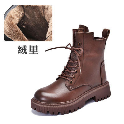 T- 6015 秋冬皮靴经典英伦风真皮侧拉链厚底短靴头层牛皮系带马丁靴 商品图5