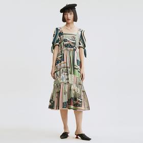 谜底连衣裙2021秋季新款甜美系纯棉印花泡泡袖收腰长裙213ML1838