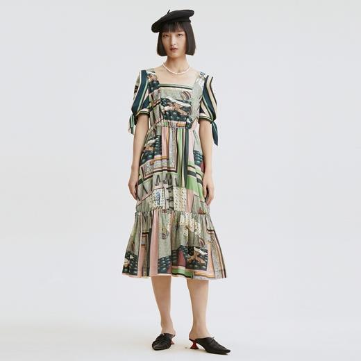 谜底连衣裙2021秋季新款甜美系纯棉印花泡泡袖收腰长裙213ML1838 商品图0