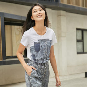 MIIDII/谜底T恤女21夏新品结构式牛仔印花合体圆领短袖212MT0760