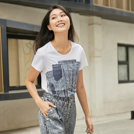 MIIDII/谜底T恤女21夏新品结构式牛仔印花合体圆领短袖212MT0760 商品图0