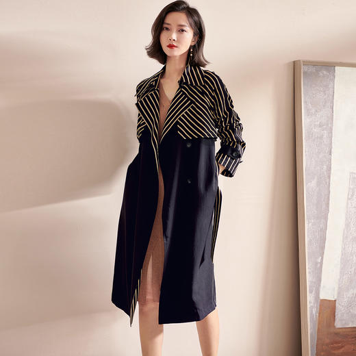 剩M 米思阳2025秋装新款时尚流行撞色条纹收腰系带风衣中长外套女0249 商品图2