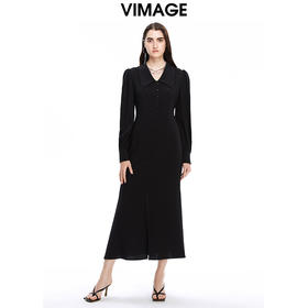 VIMAGE纬漫纪秋季新款显瘦优雅立领纯色高腰显瘦连衣裙女V1607249连衣裙