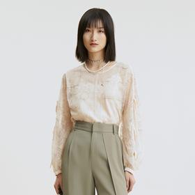 谜底衬衫2021夏季新款宽松绣花长袖蕾丝衫灯笼袖上衣女213GS1684