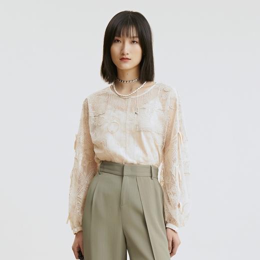 谜底衬衫2021夏季新款宽松绣花长袖蕾丝衫灯笼袖上衣女213GS1684 商品图0