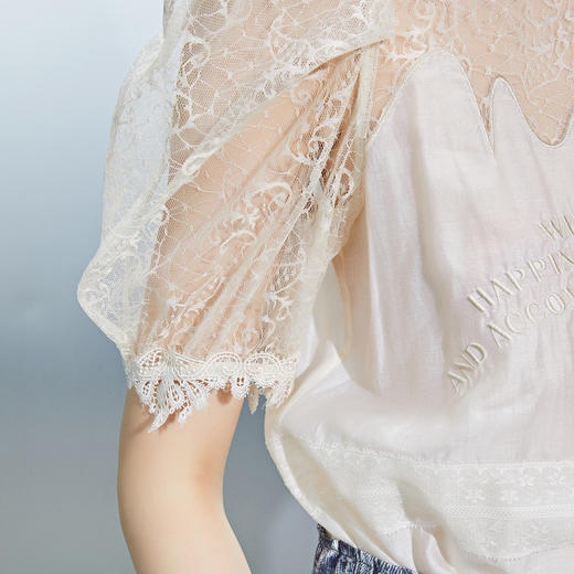 MIIDII/谜底21夏新品字母绣花复古方领泡泡袖蕾丝上衣女212MS0765 商品图3