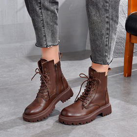 T- 6015 秋冬皮靴经典英伦风真皮侧拉链厚底短靴头层牛皮系带马丁靴