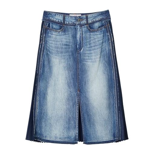 谜底半截裙2021夏季新款帅气拼接雪纺压褶纯棉牛仔半裙213MB1679 商品图4