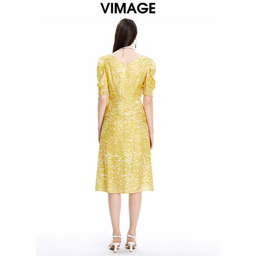 VIMAGE纬漫纪秋季新品V领简约时尚泡泡袖高腰开叉连衣裙V1607250 商品图5
