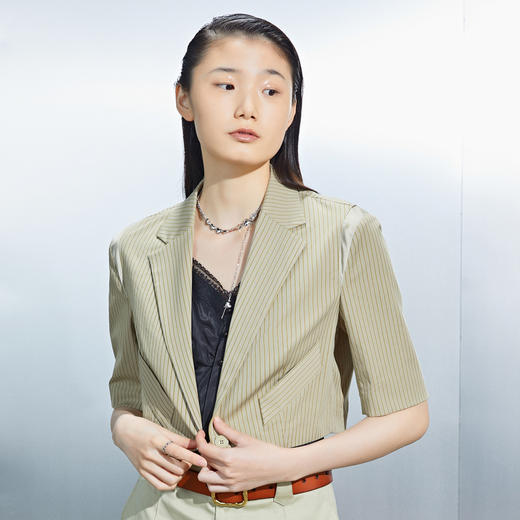 MIIDII/谜底西装短外套女21夏新品复古摩登细条纹帅气212MW0728 商品图0
