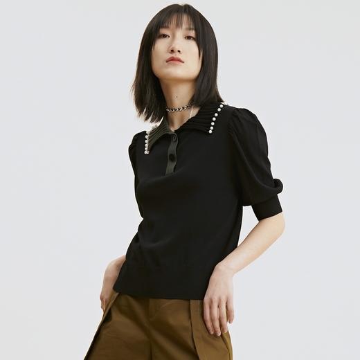 谜底针织套头衫2021夏季新款复古泡泡袖领边撞色上衣女213MZ2046 商品图2