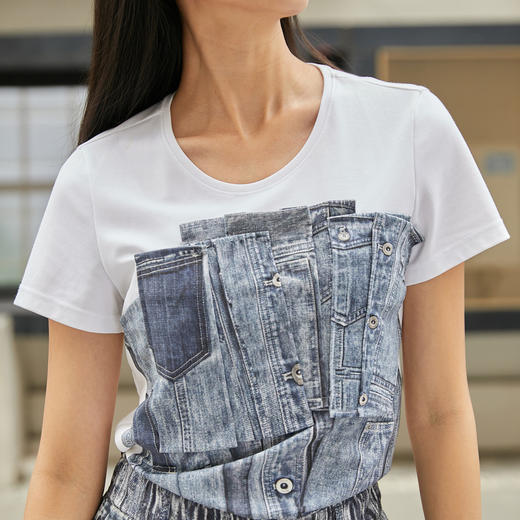 MIIDII/谜底T恤女21夏新品结构式牛仔印花合体圆领短袖212MT0760 商品图2