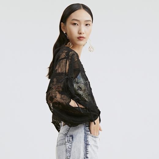 谜底衬衫2021夏季新款宽松绣花长袖蕾丝衫灯笼袖上衣女213GS1684 商品图1
