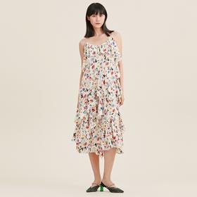 MIIDII/谜底真丝连衣裙21夏荷叶边小碎花桑蚕丝吊带裙212ML0984