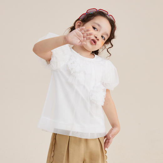 谜底童装21夏新款H型中款T恤针织纯棉亲肤打底花苞袖212KT1352 商品图1