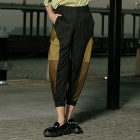 谜底2021秋季新款复古条纹撞色拼接萝卜裤休闲长裤女213MK1740