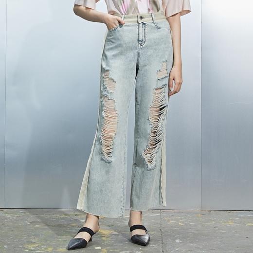 MIIDII/谜底21夏新品个性拼接破洞洗水直筒牛仔裤女212MK0715 商品图0