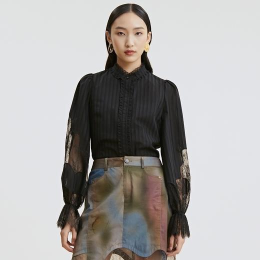 谜底长袖衬衫2021秋季新款纯棉拼接蕾丝合体上衣女213MC1727 商品图0
