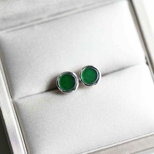 高冰种湖水绿翡翠圆盘耳钉18k白金镶嵌 商品图3