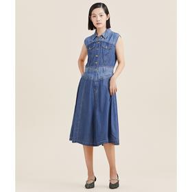 MIIDII/谜底21夏新品复古假日拼接收腰无袖牛仔连衣裙212ML0756