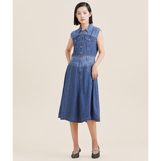 MIIDII/谜底21夏新品复古假日拼接收腰无袖牛仔连衣裙212ML0756 商品图0