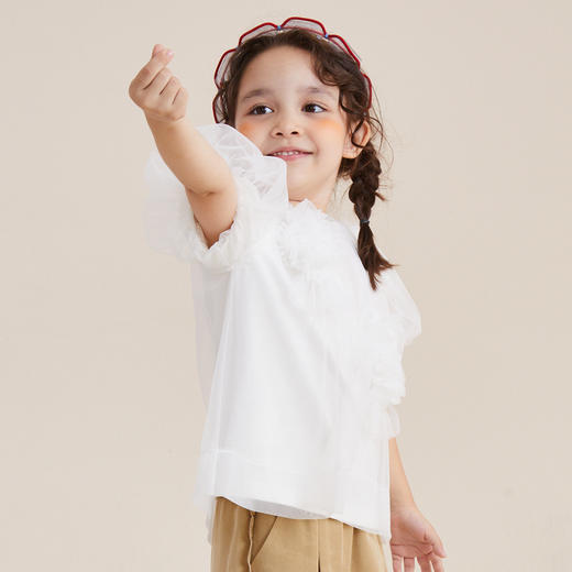 谜底童装21夏新款H型中款T恤针织纯棉亲肤打底花苞袖212KT1352 商品图3