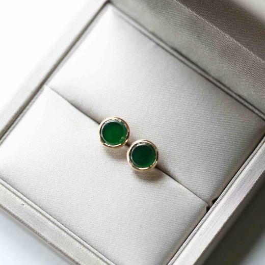高冰种湖水绿翡翠圆盘耳钉18k黄金镶嵌 商品图8