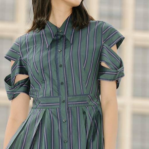 MIIDII/谜底连衣裙21夏新品结构设计收腰条纹复古文艺212ML0807 商品图3