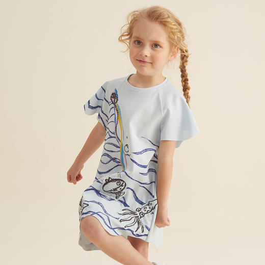 谜底童装21夏新款A型中长款连衣裙针织小鱼印花连衣裙212KL1445 商品图3