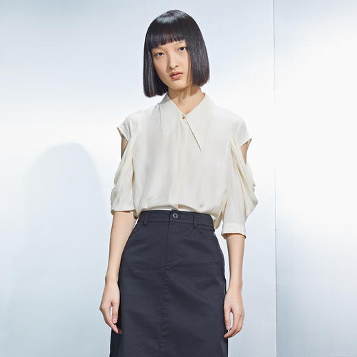 MIIDII/谜底镂空袖衬衫女21夏新品尖领衬衣H型质感上衣212MC0855 商品图0