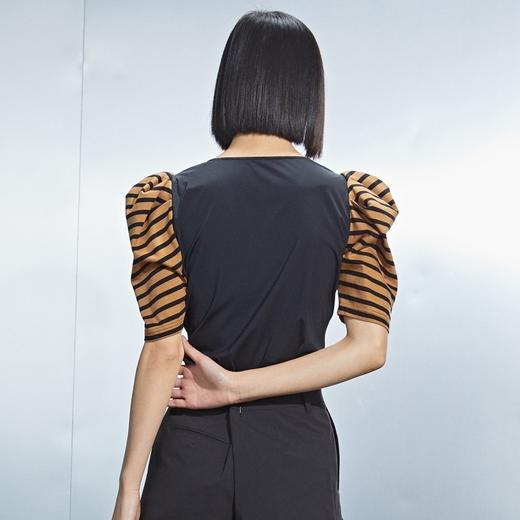 MIIDII/谜底针织T恤女21夏新品条纹泡泡袖修身短袖女212MT0910 商品图2